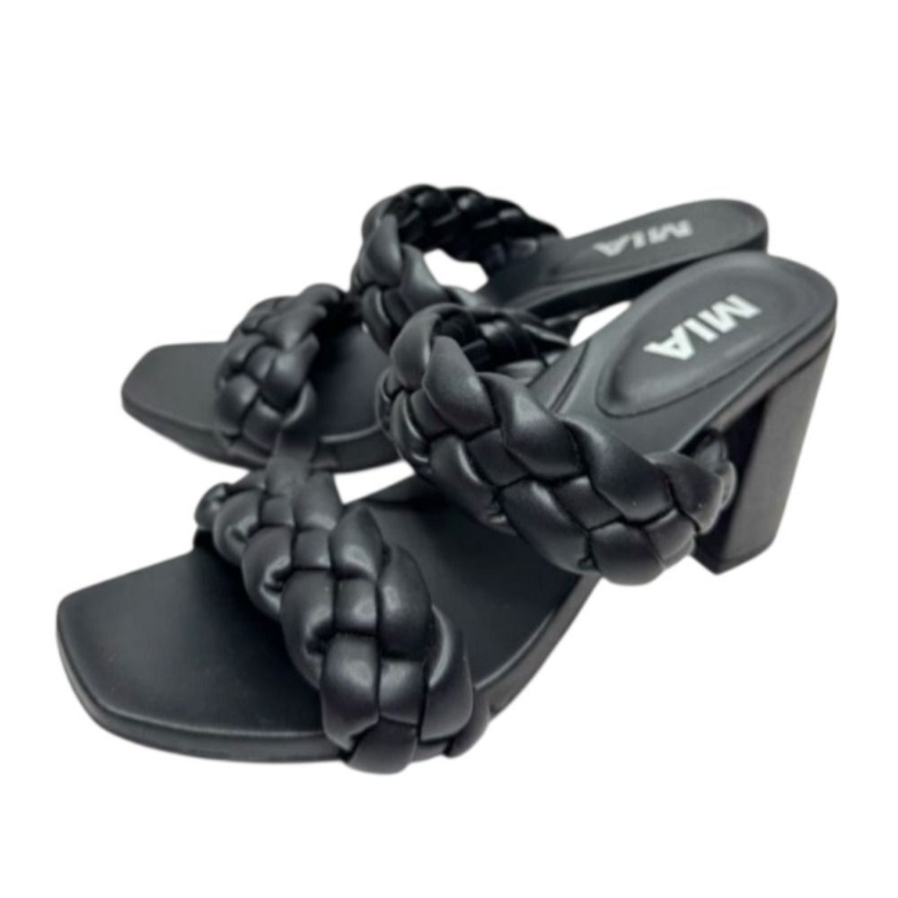 MIA Braided Heeled Sandals Square Toe Block Heel Black‎ Size 6.5